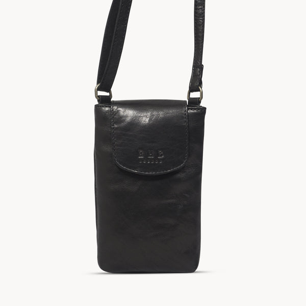 'THEA' Black Polished VT Real Leather Mobile Phone Crossbody Bag