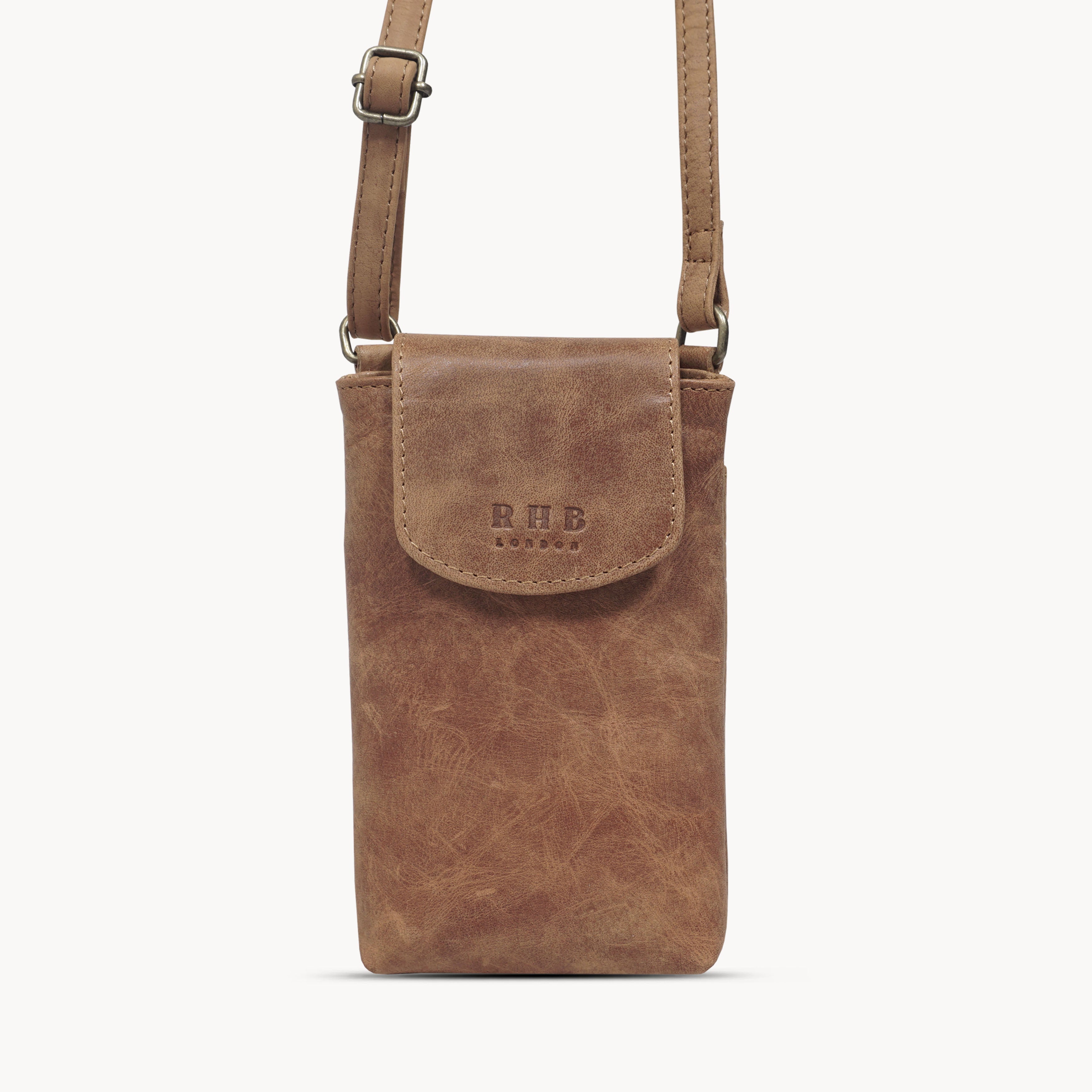 'THEA' Tan Distressed Real Leather Mobile Phone Crossbody Bag