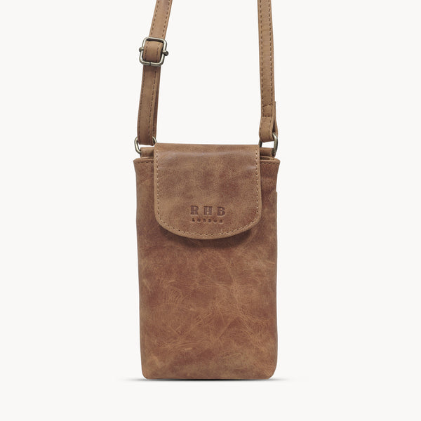 'THEA' Tan Distressed Real Leather Mobile Phone Crossbody Bag