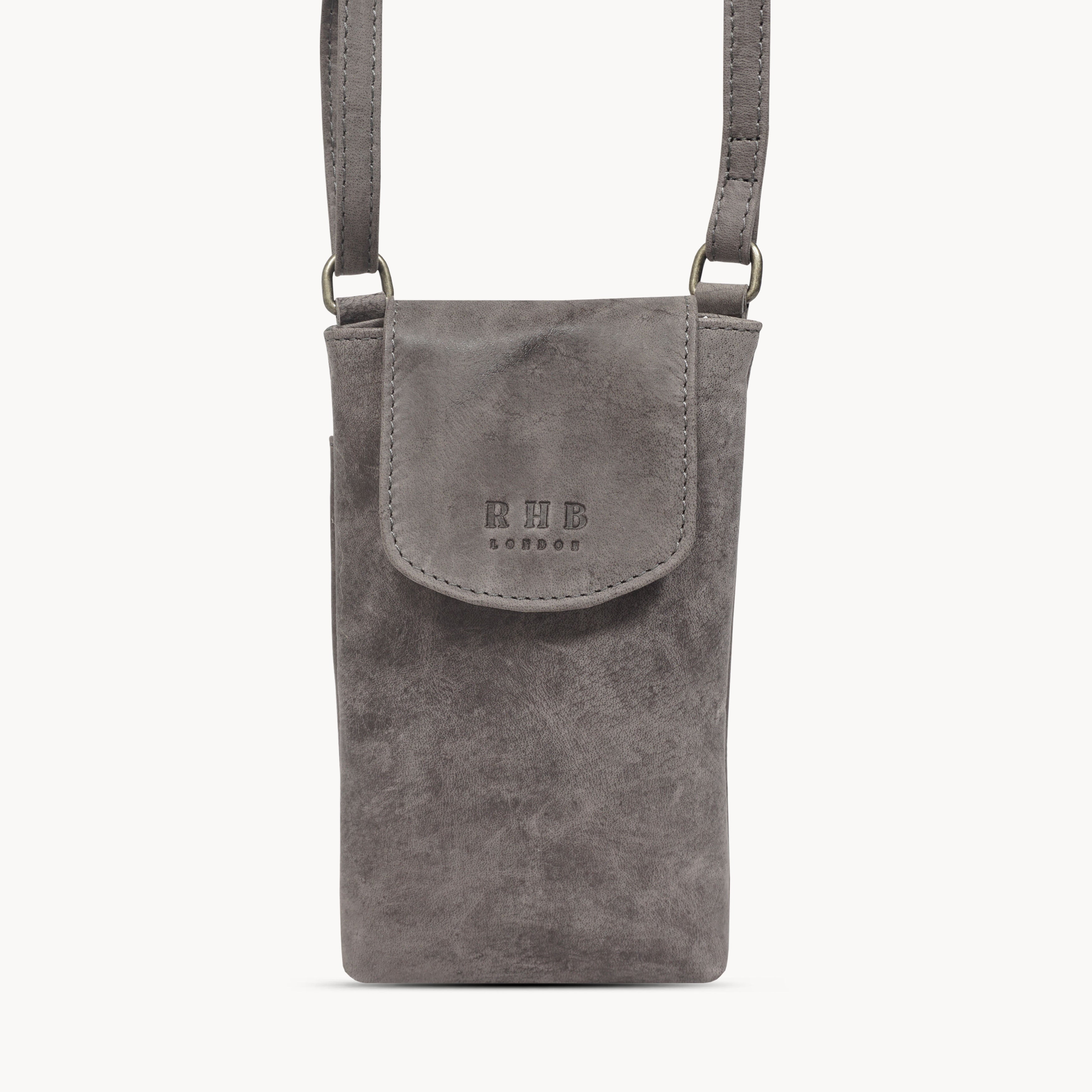 'THEA' Grey Distressed Real Leather Mobile Phone Crossbody Bag