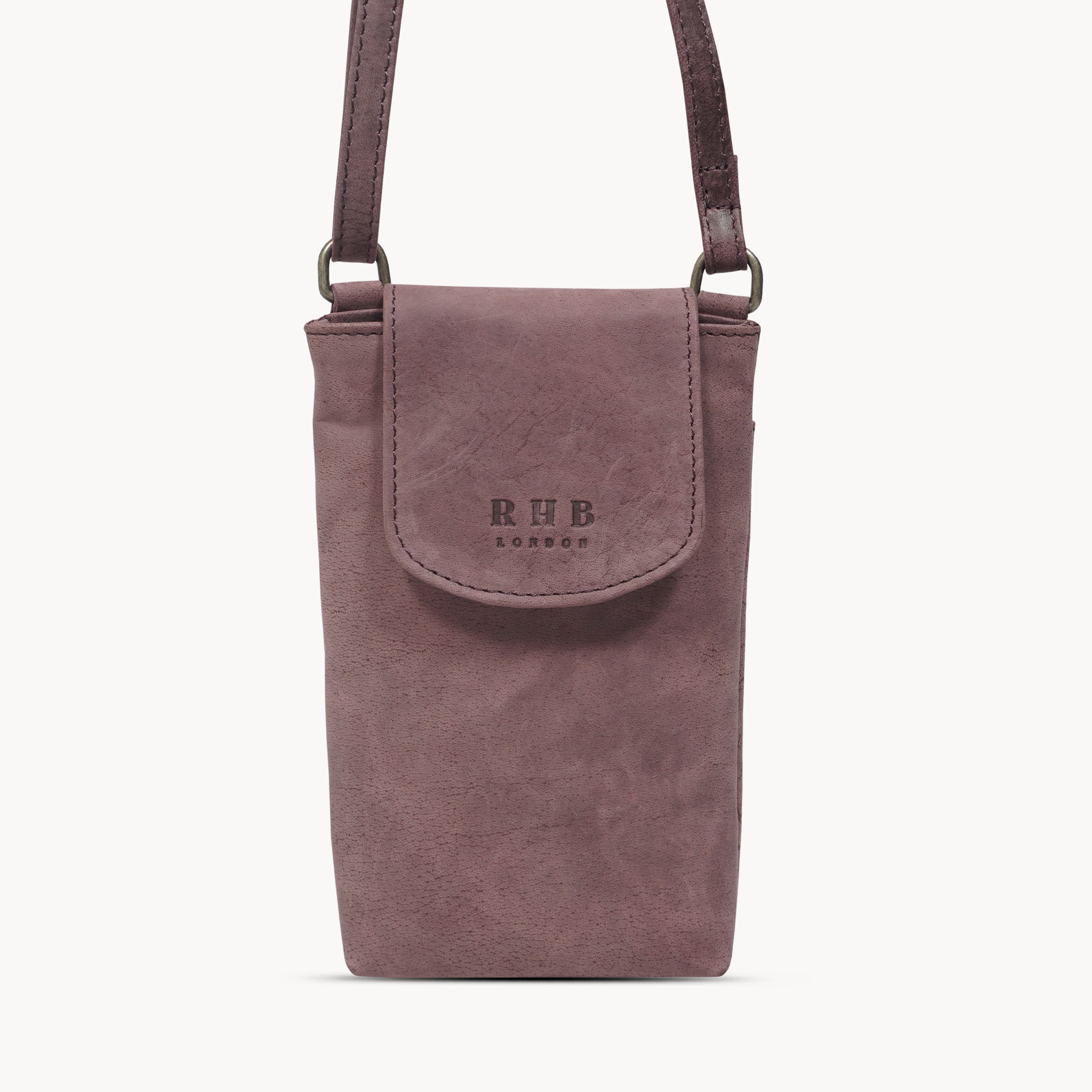 'THEA' Plum Distressed Real Leather Mobile Phone Crossbody Bag