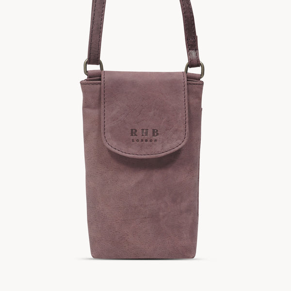 'THEA' Plum Distressed Real Leather Mobile Phone Crossbody Bag