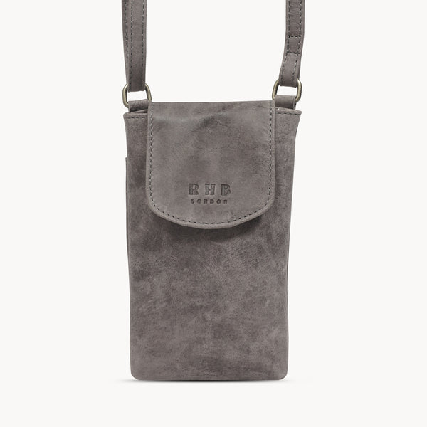 'THEA' Grey Distressed Real Leather Mobile Phone Crossbody Bag