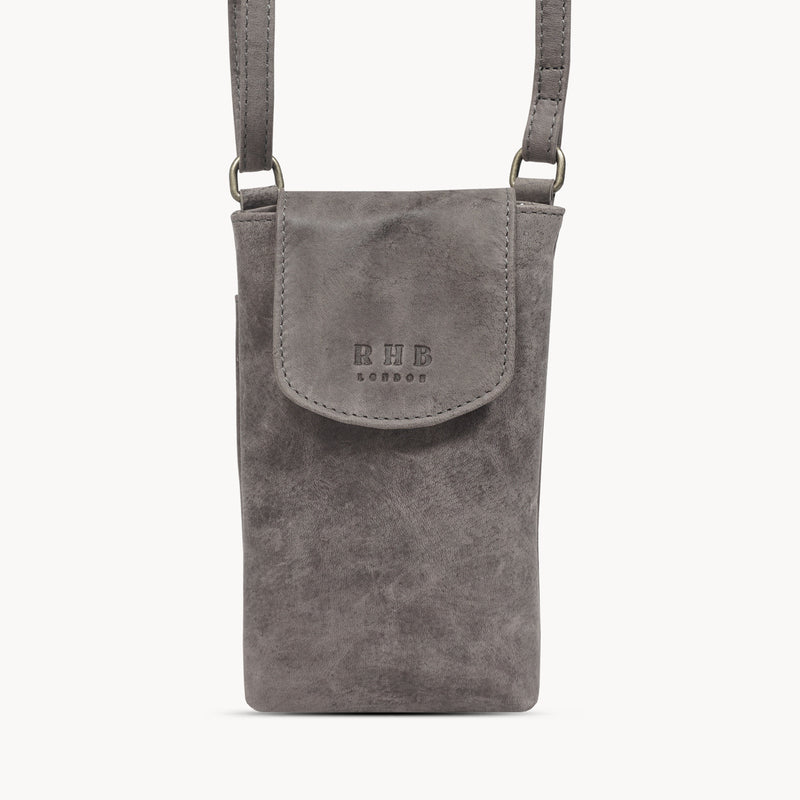 'THEA' Grey Distressed Real Leather Mobile Phone Crossbody Bag