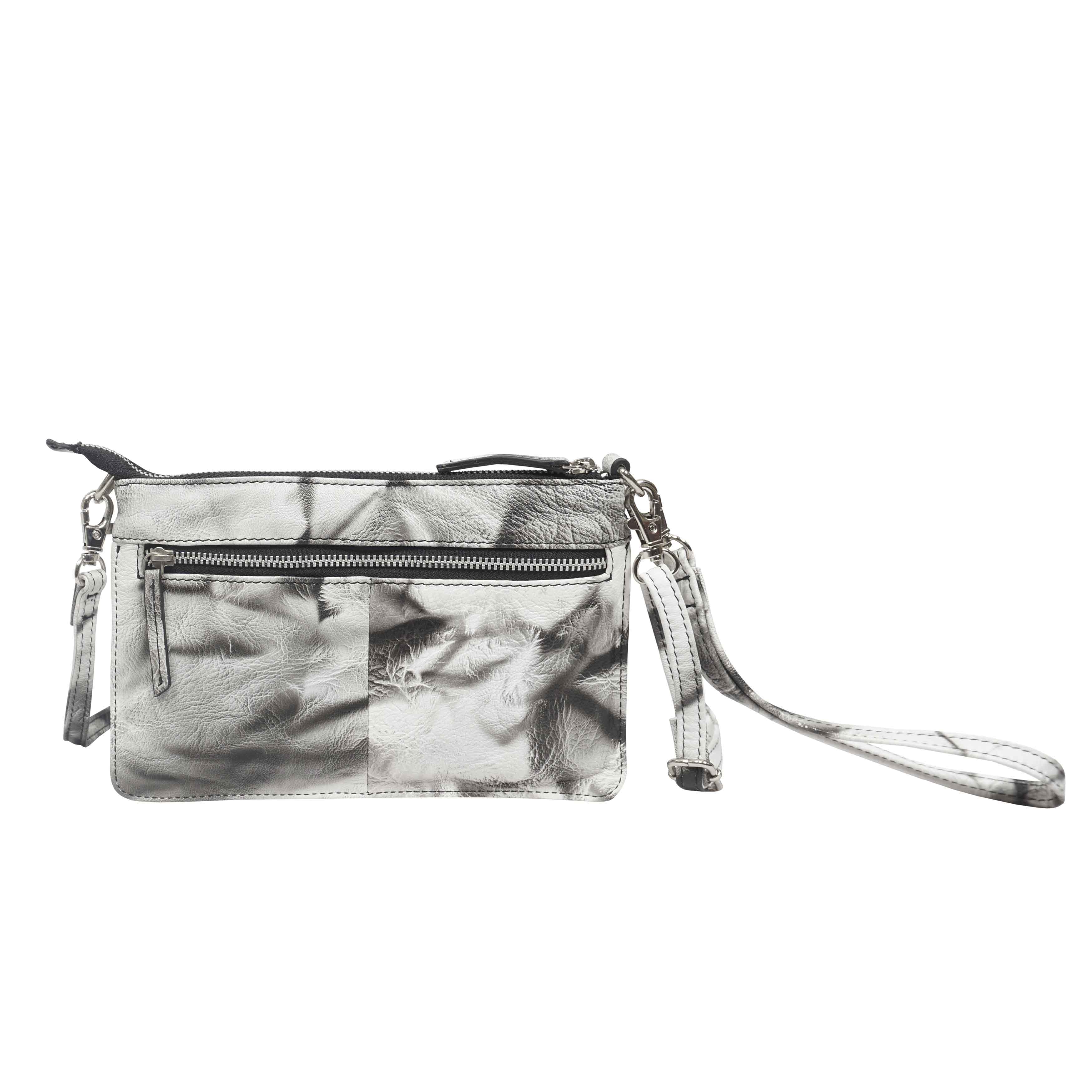 'TODD' Black & White Tie Dye Real Leather Crossbody Wristlet Bag