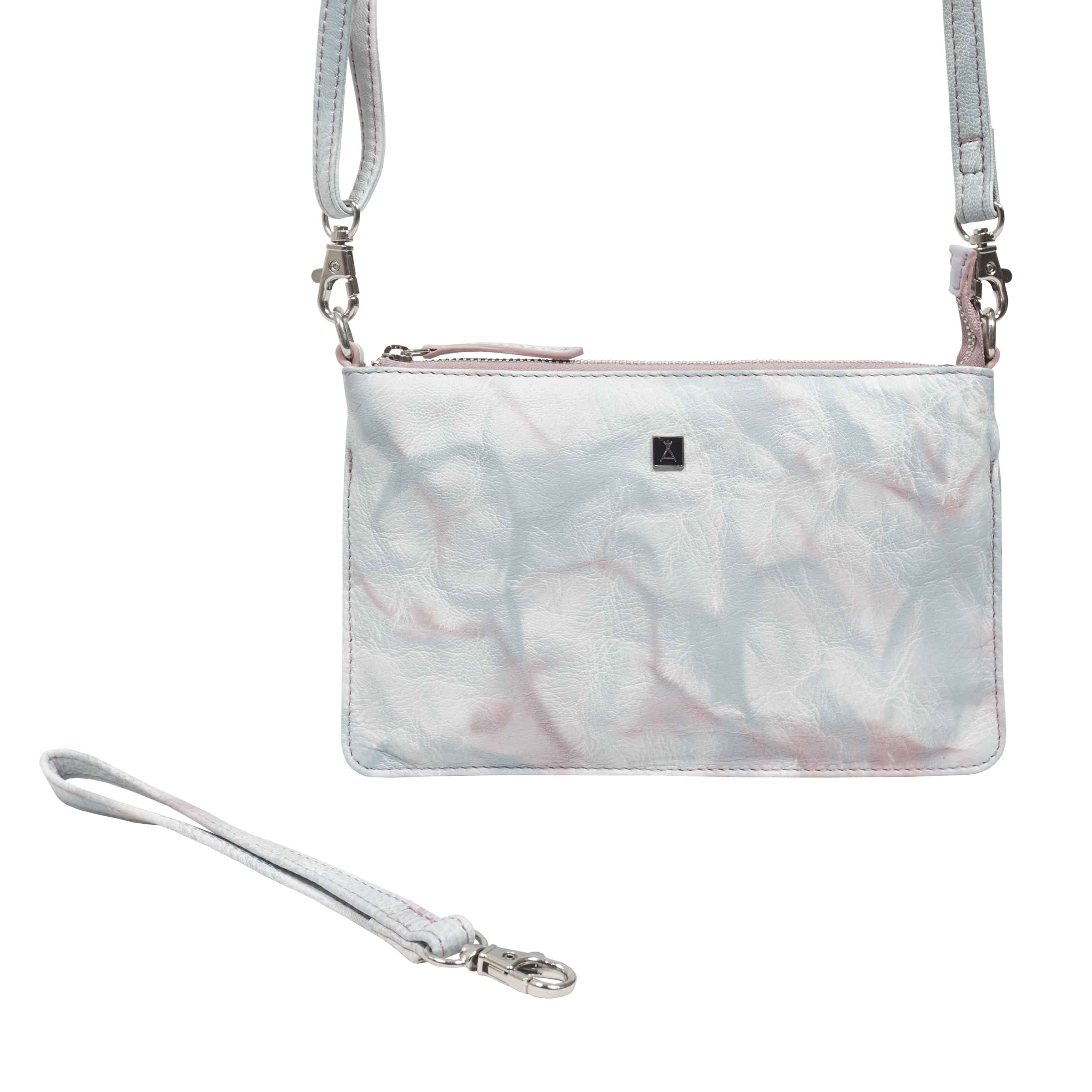 'TODD' Blue & Orchid Pink Tie Dye Real Leather Crossbody Wristlet Bag