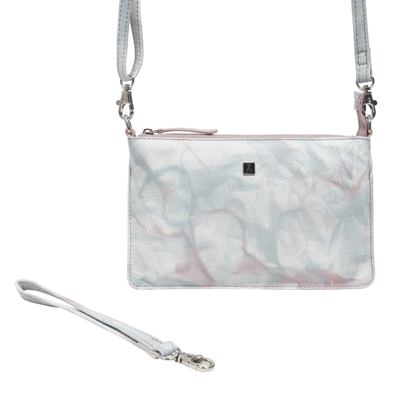 'TODD' Blue & Orchid Pink Tie Dye Real Leather Crossbody Wristlet Bag