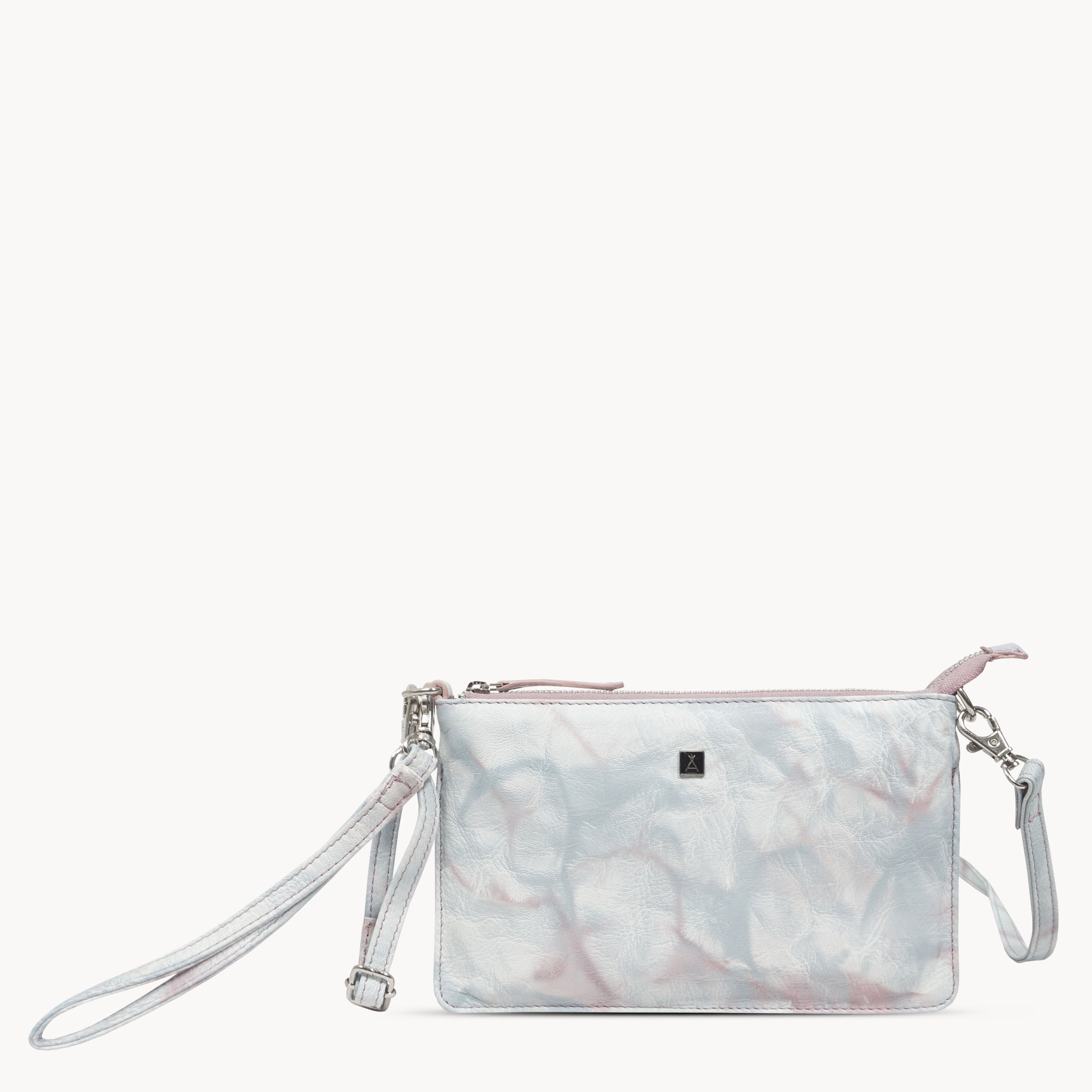 'TODD' Blue & Orchid Pink Tie Dye Real Leather Crossbody Wristlet Bag