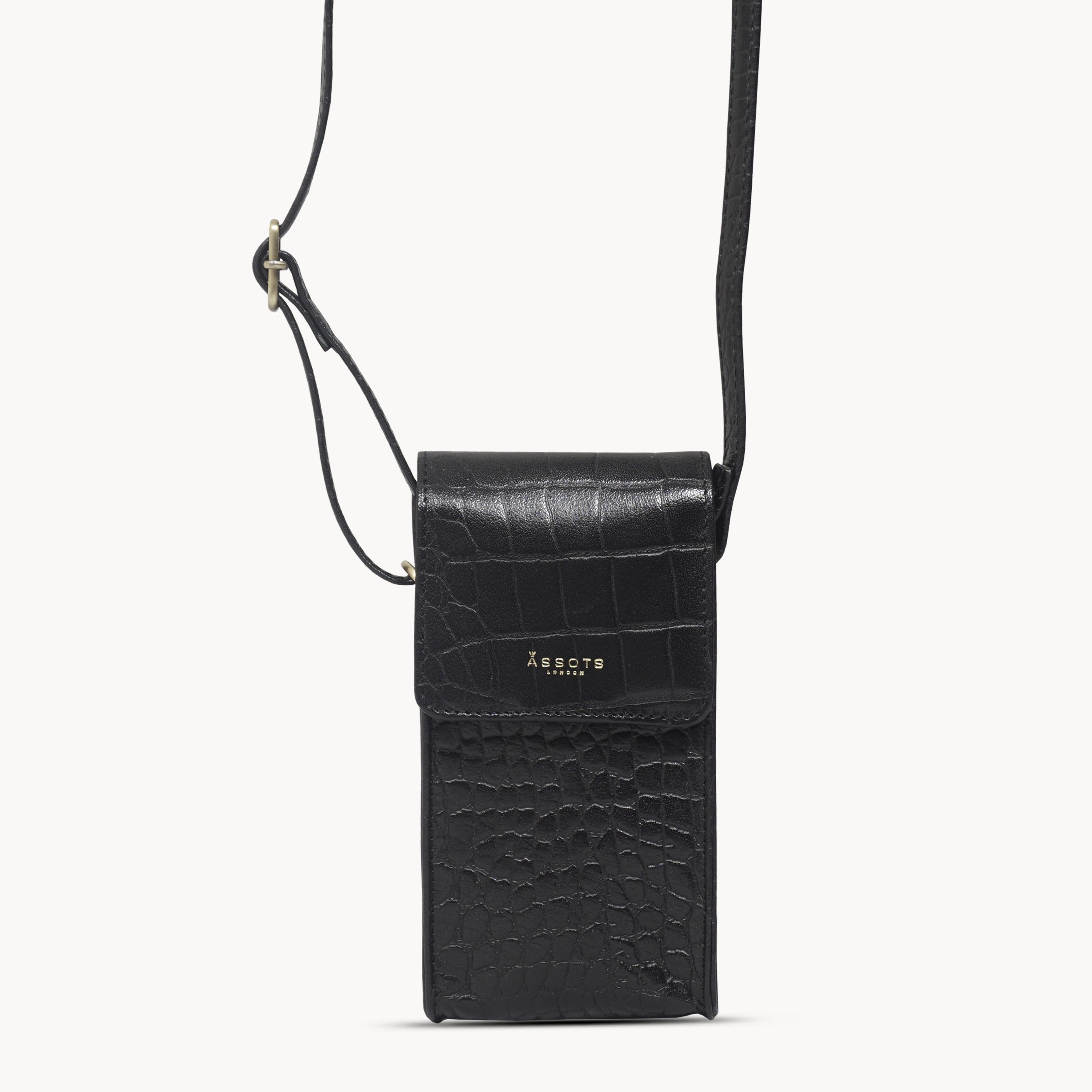 'TRACY' Black Croc Real Leather Crossbody Phone Bag