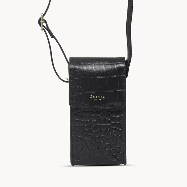 'TRACY' Black Croc Real Leather Crossbody Phone Bag