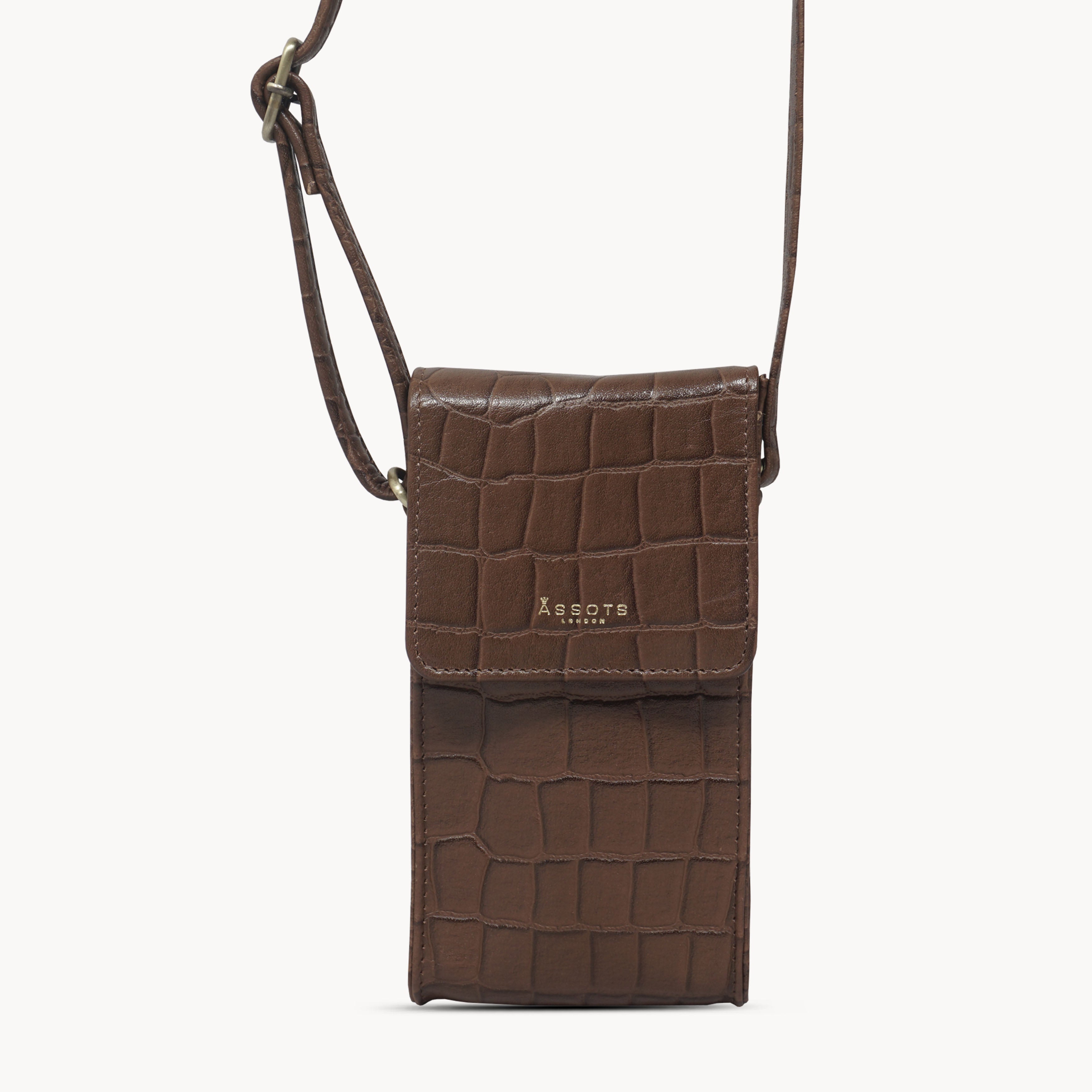 'TRACY' Tan Croc Real Leather Crossbody Phone Bag