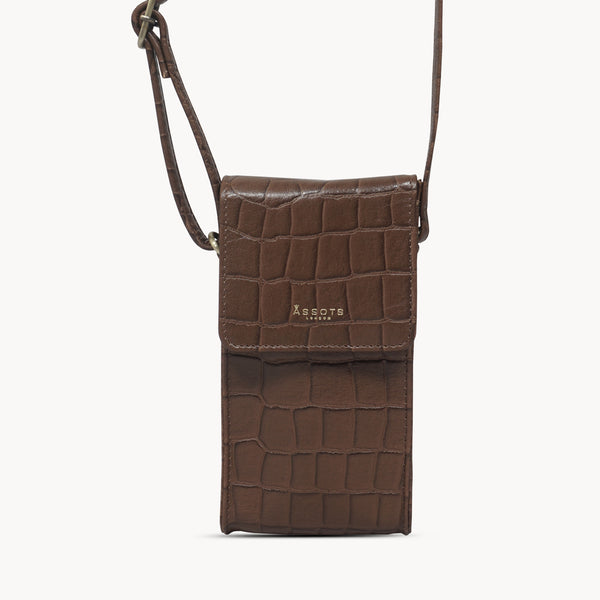 'TRACY' Tan Croc Real Leather Crossbody Phone Bag