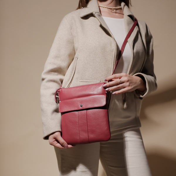 'AMBA' Carmine Pink Soft Nappa Full Grain Real Leather Crossbody Bag