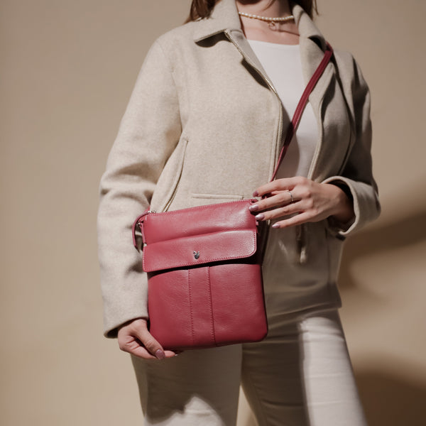 'AMBA' Carmine Pink Soft Nappa Full Grain Real Leather Crossbody Bag