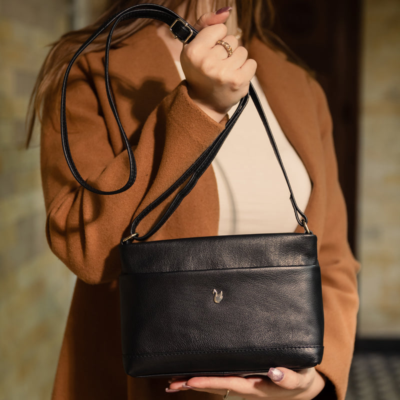 'SANDRA' Black Soft Nappa Full Grain Real Leather Crossbody Bag