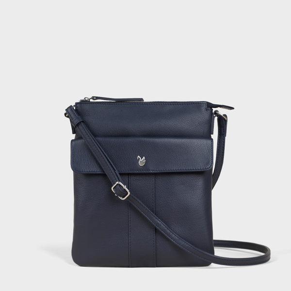 'AMBA' Navy Soft Nappa Full Grain Real Leather Crossbody Bag