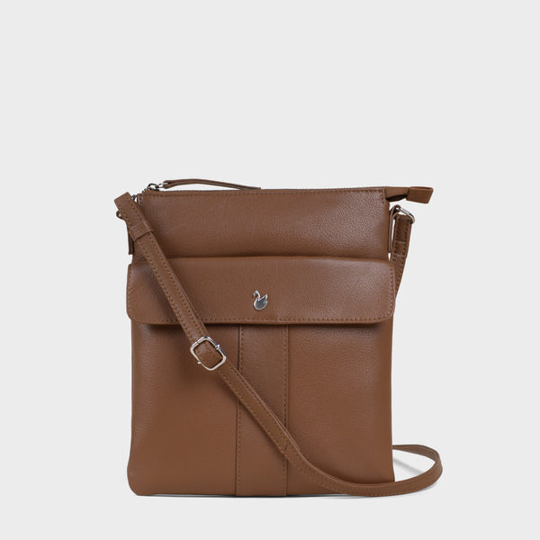 'AMBA' Tan Soft Nappa Full Grain Real Leather Crossbody Bag