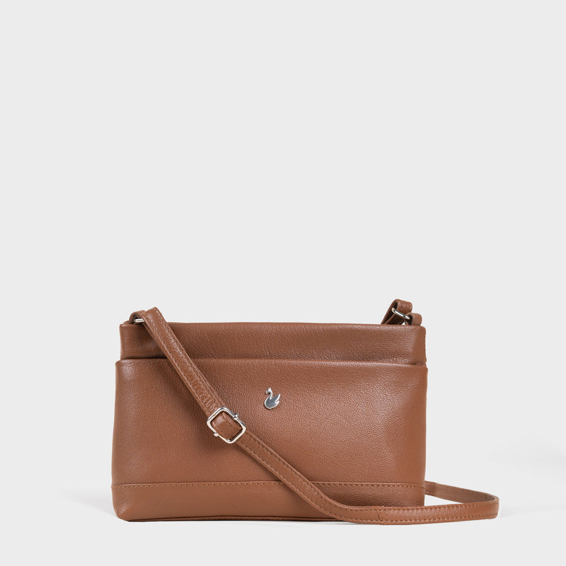 'SANDRA' Tan Soft Nappa Full Grain Real Leather Crossbody Bag