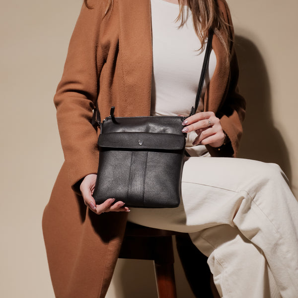 'AMBA' Black Soft Nappa Full Grain Real Leather Crossbody Bag