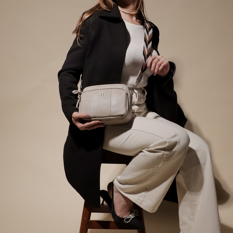 'KEW' Ice Grey Soft Nappa Full Grain Real Leather Crossbody Bag