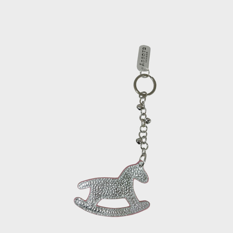 'WOOD HORSE' Super Cute Silver Metallic Leather Key Ring Holder