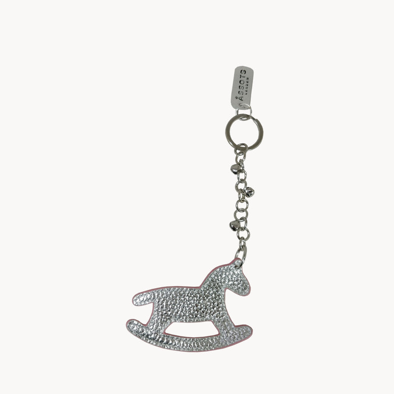 'WOOD HORSE' Super Cute Silver Metallic Leather Key Ring Holder