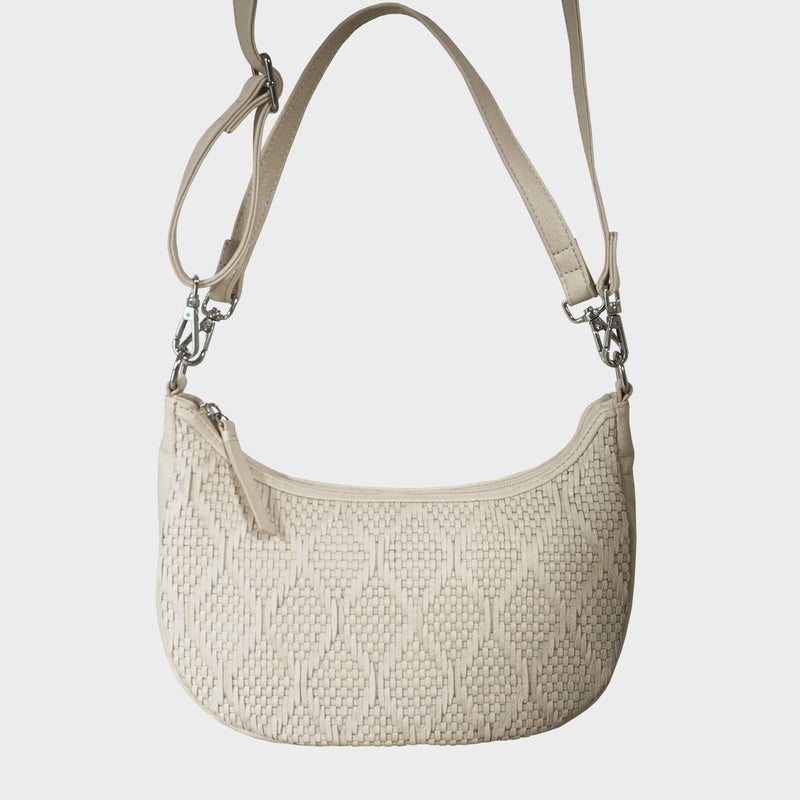 'Wonder Weave' Cream Real Leather Woven Designer Shoulder Crossbody Bag