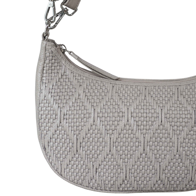 'Wonder Weave' Ice Grey Real Leather Woven Designer Shoulder Crossbody Bag