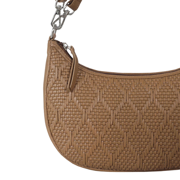 'Wonder Weave' Light Tan Real Leather Woven Designer Shoulder Crossbody Bag