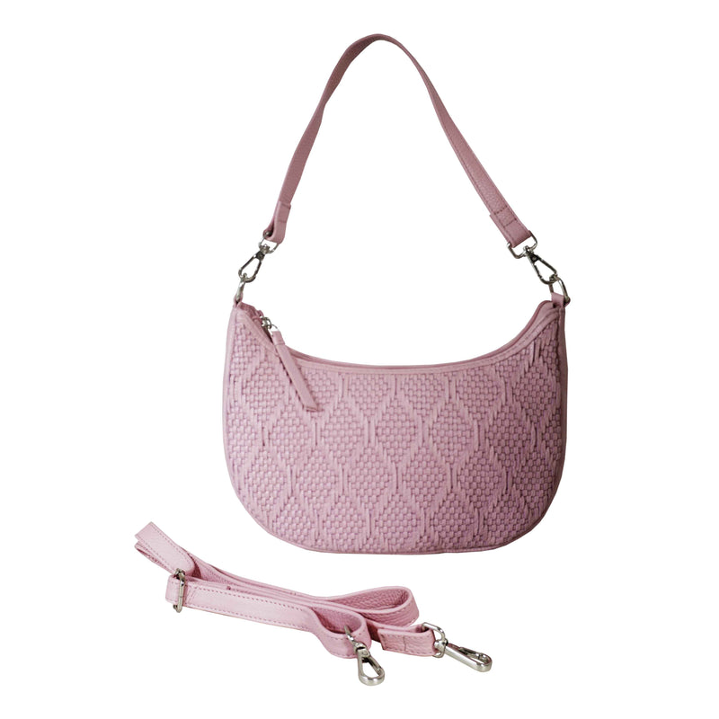 'Wonder Weave' Pale Pink Real Leather Woven Designer Shoulder Crossbody Bag