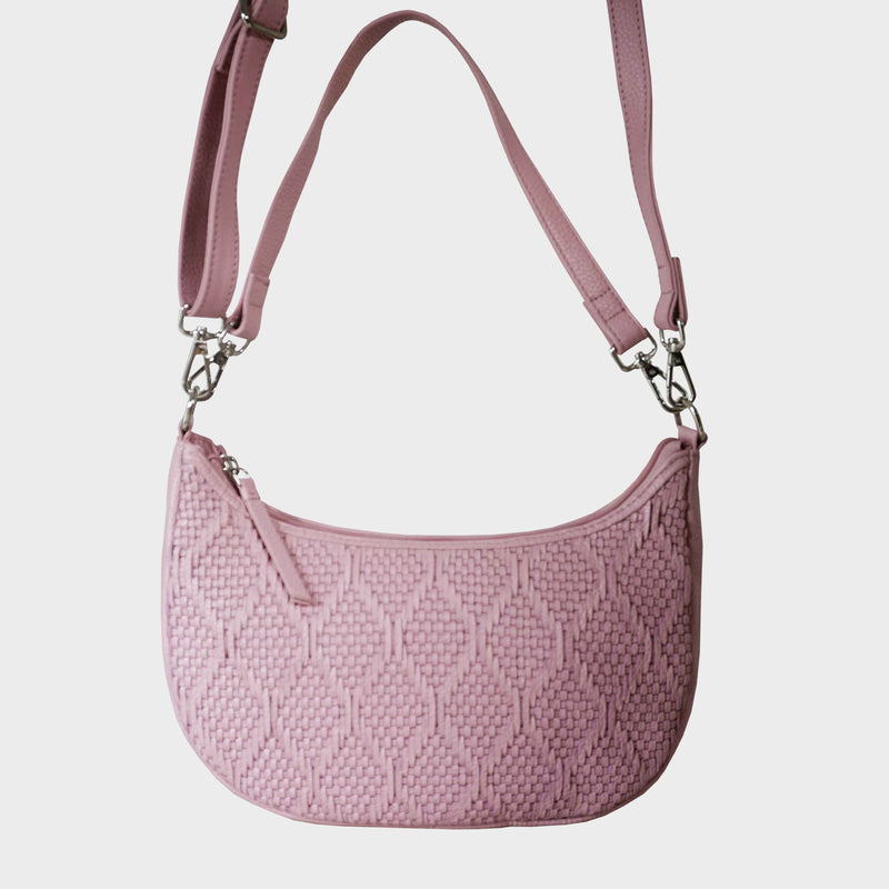 'Wonder Weave' Pale Pink Real Leather Woven Designer Shoulder Crossbody Bag