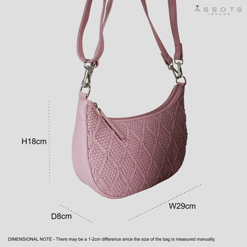 'Wonder Weave' Pale Pink Real Leather Woven Designer Shoulder Crossbody Bag