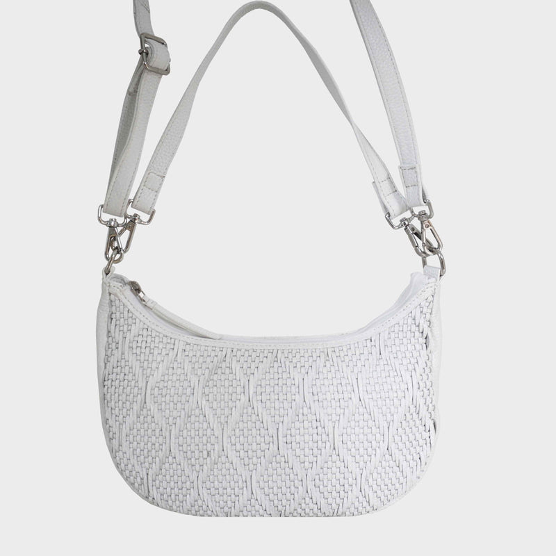 'Wonder Weave' White Real Leather Woven Designer Shoulder Crossbody Bag