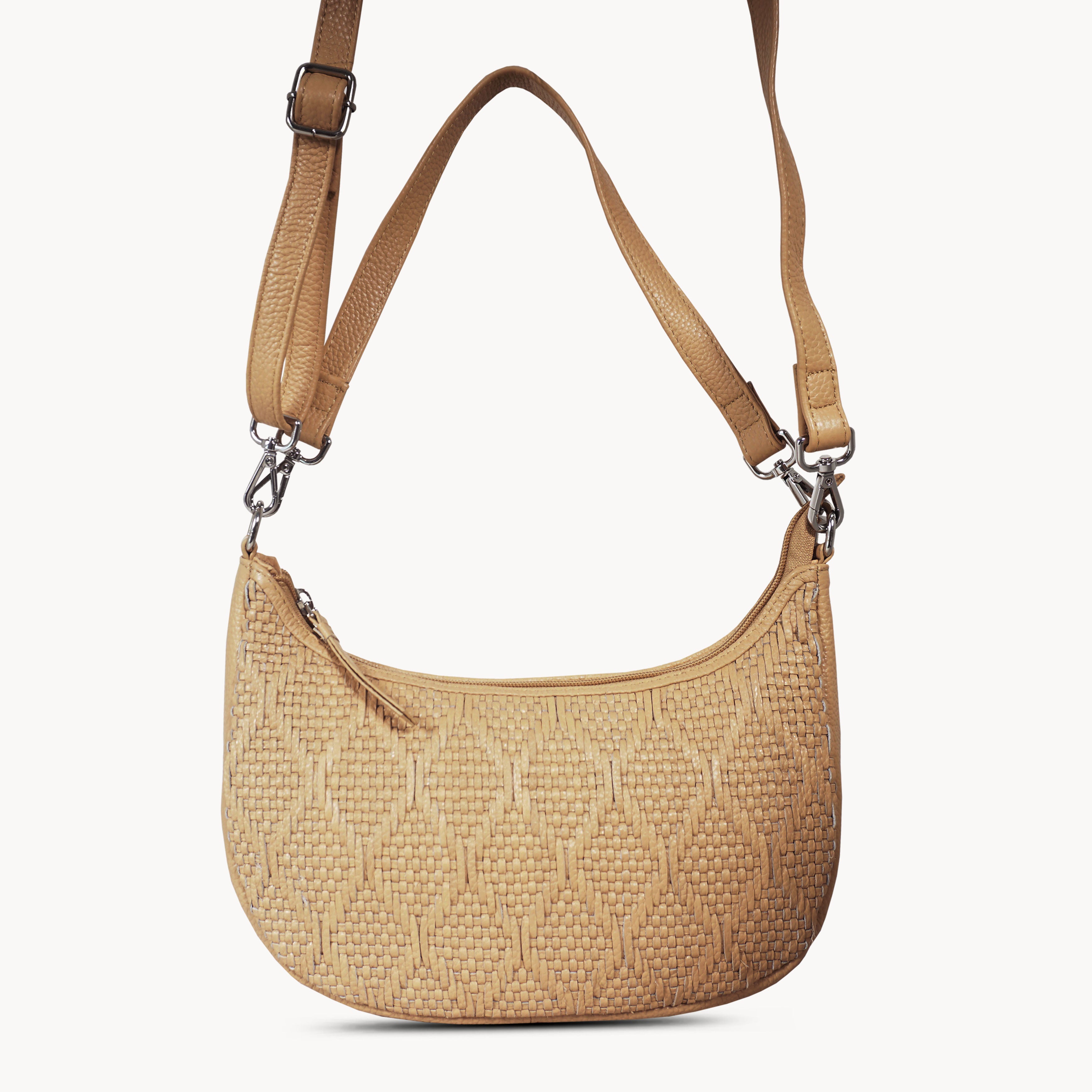 'Wonder Weave' Camel Real Leather Woven Designer Shoulder Crossbody Bag