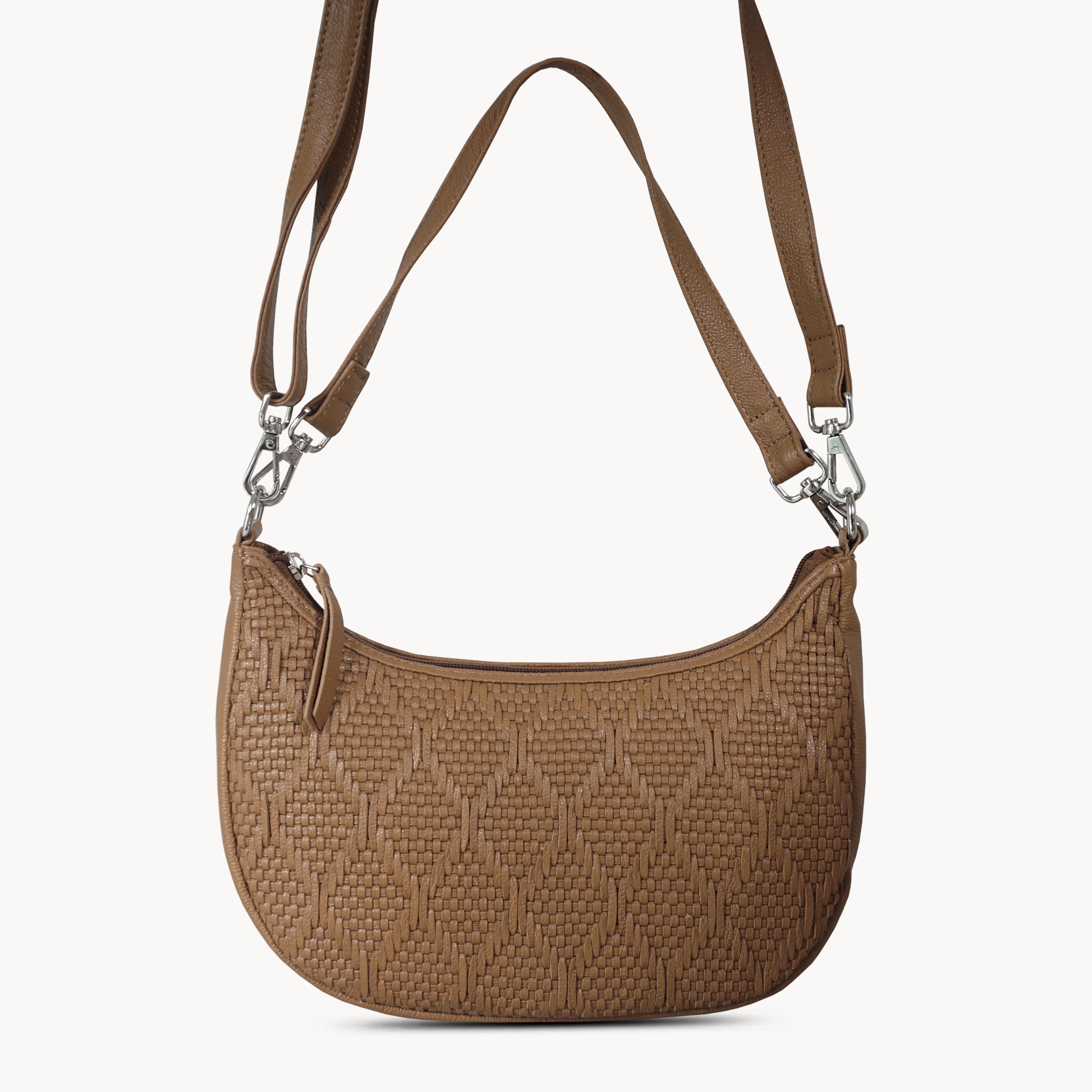 'Wonder Weave' Light Tan Real Leather Woven Designer Shoulder Crossbody Bag