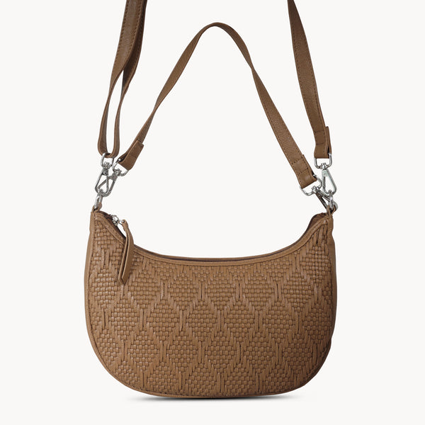 'Wonder Weave' Light Tan Real Leather Woven Designer Shoulder Crossbody Bag