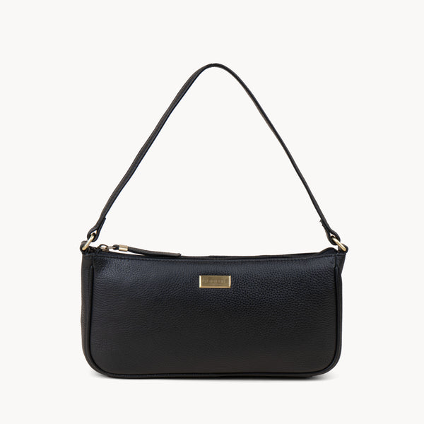 'ZARA' Black Soft Pebble Grain Real Leather Baguette Shoulder Bag
