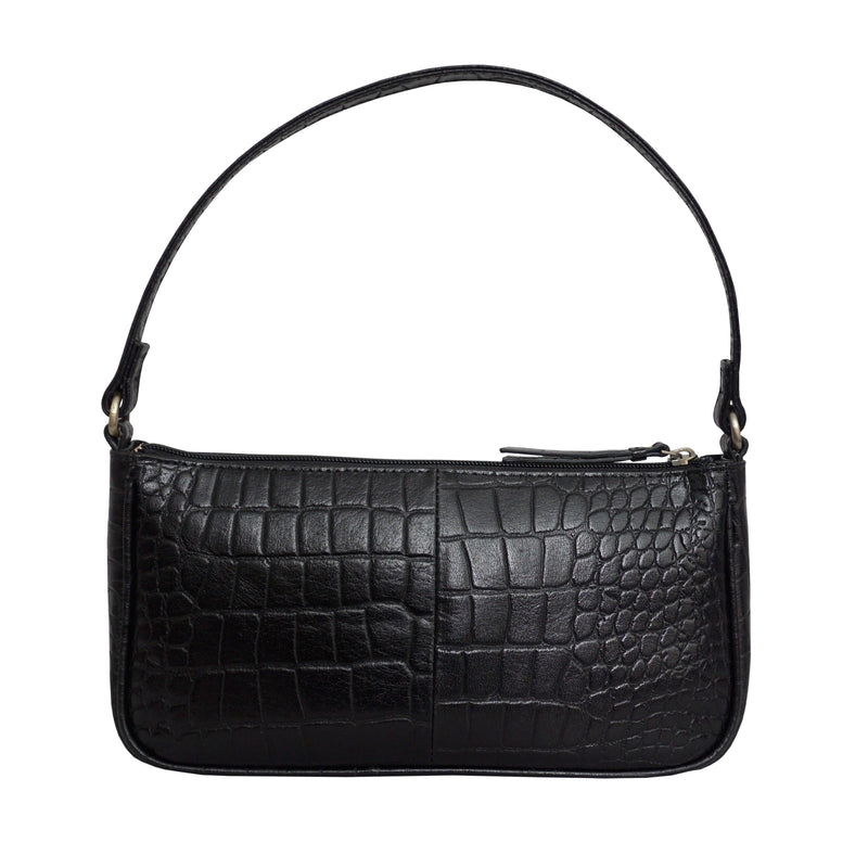 'ZARA' Black Croc Real Leather Baguette Shoulder Bag