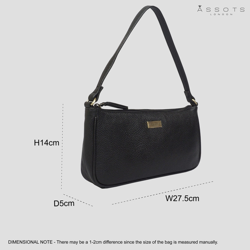 'ZARA' Black Soft Pebble Grain Real Leather Baguette Shoulder Bag