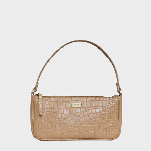 ZARA Camel Vintage Croc Real Leather Baguette Shoulder Bag for