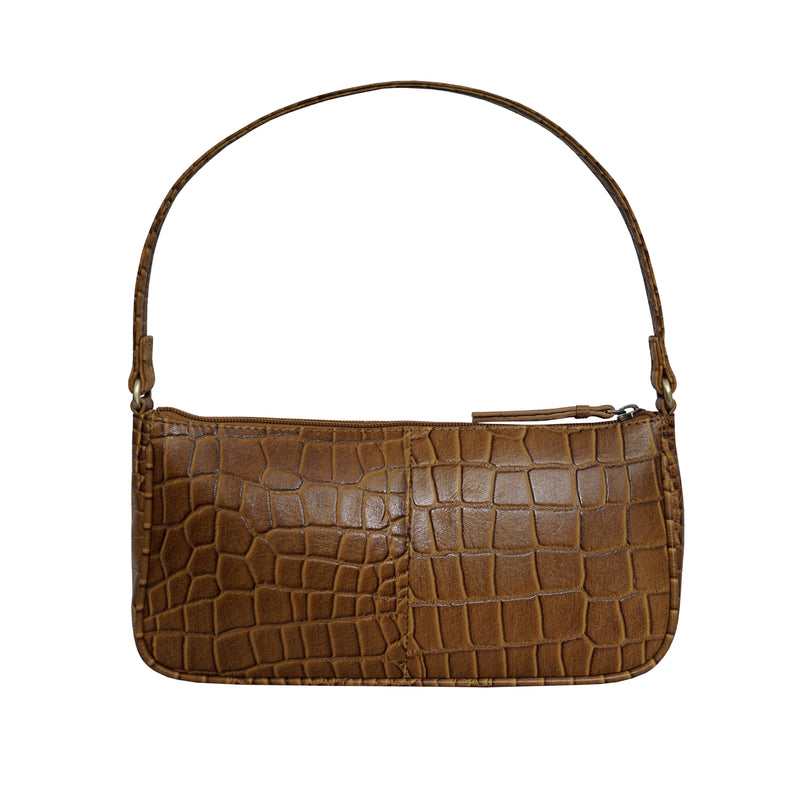 'ZARA' Dark Mustard Croc Real Leather Baguette Shoulder Bag