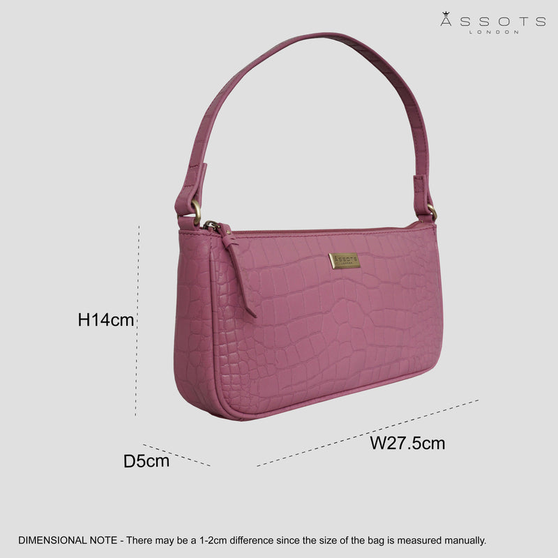'ZARA' Pink Designer Croc Real Leather Baguette Shoulder Bag