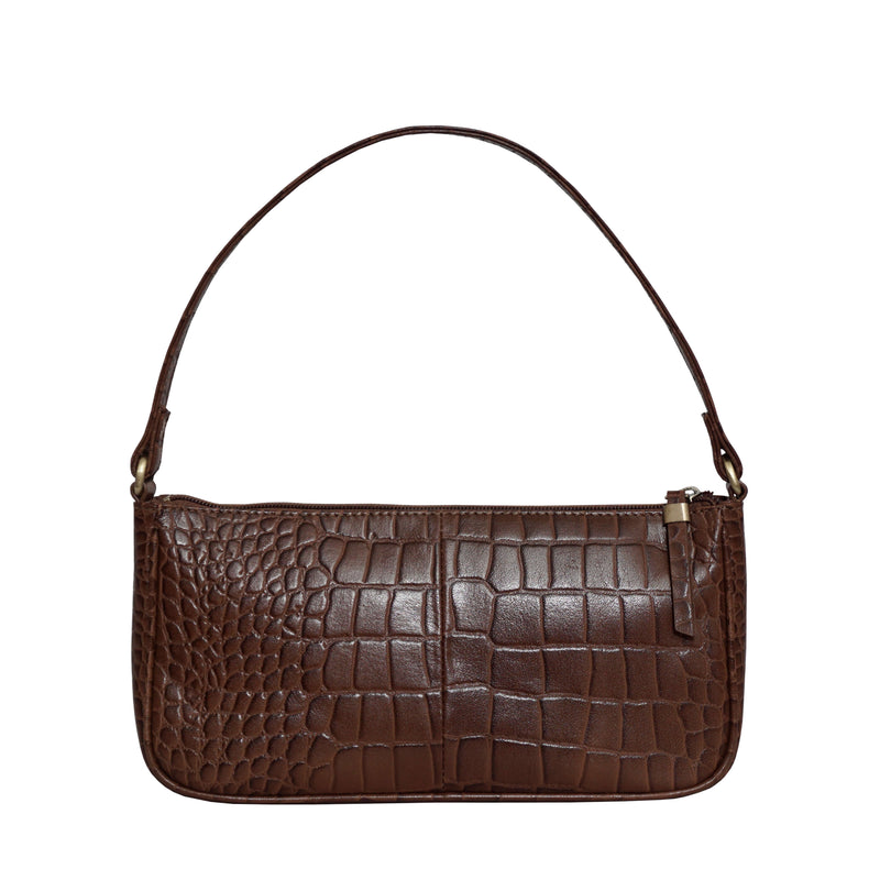 'ZARA' Tan Croc Real Leather Baguette Shoulder Bag