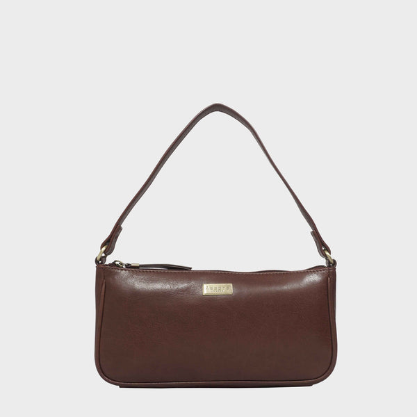 'ZARA' Brown Polished Real Leather Baguette Shoulder Bag