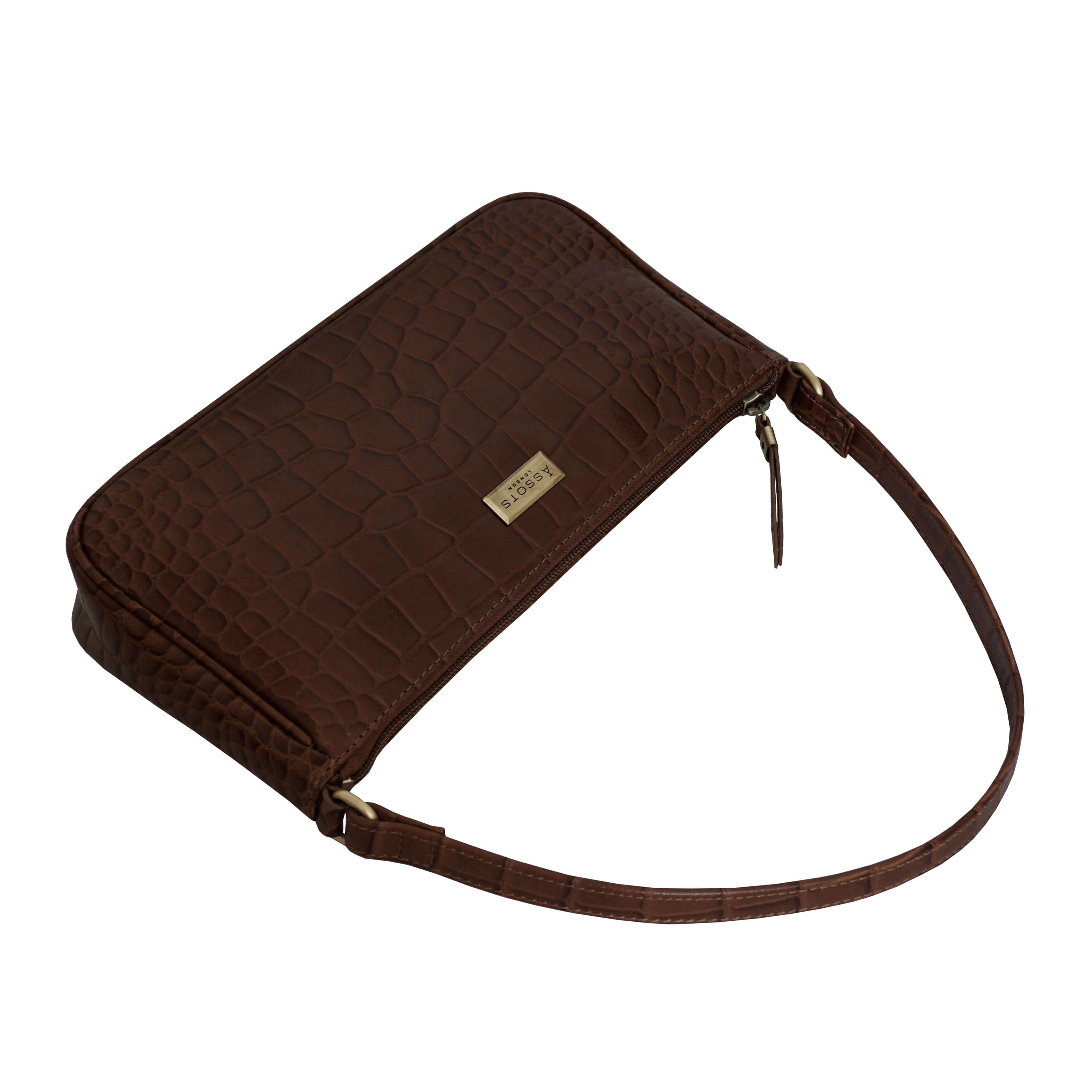 'ZARA' Tan Croc Real Leather Baguette Shoulder Bag