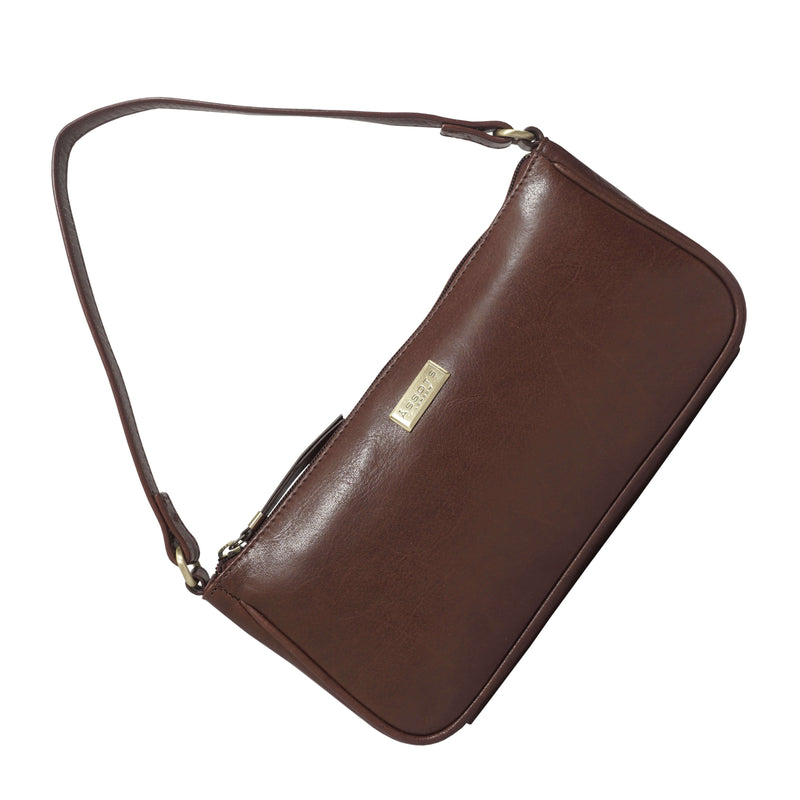 'ZARA' Brown Polished Real Leather Baguette Shoulder Bag