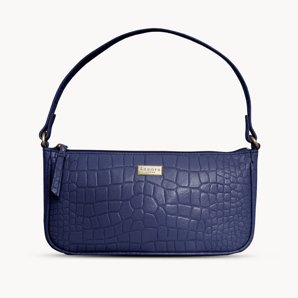 'ZARA' Navy Croc Real Leather Baguette Shoulder Bag
