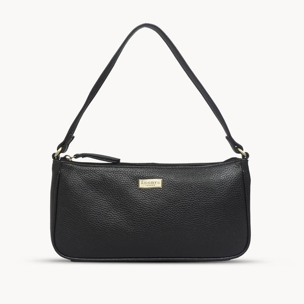 'ZARA' Black Soft Pebble Grain Real Leather Baguette Shoulder Bag