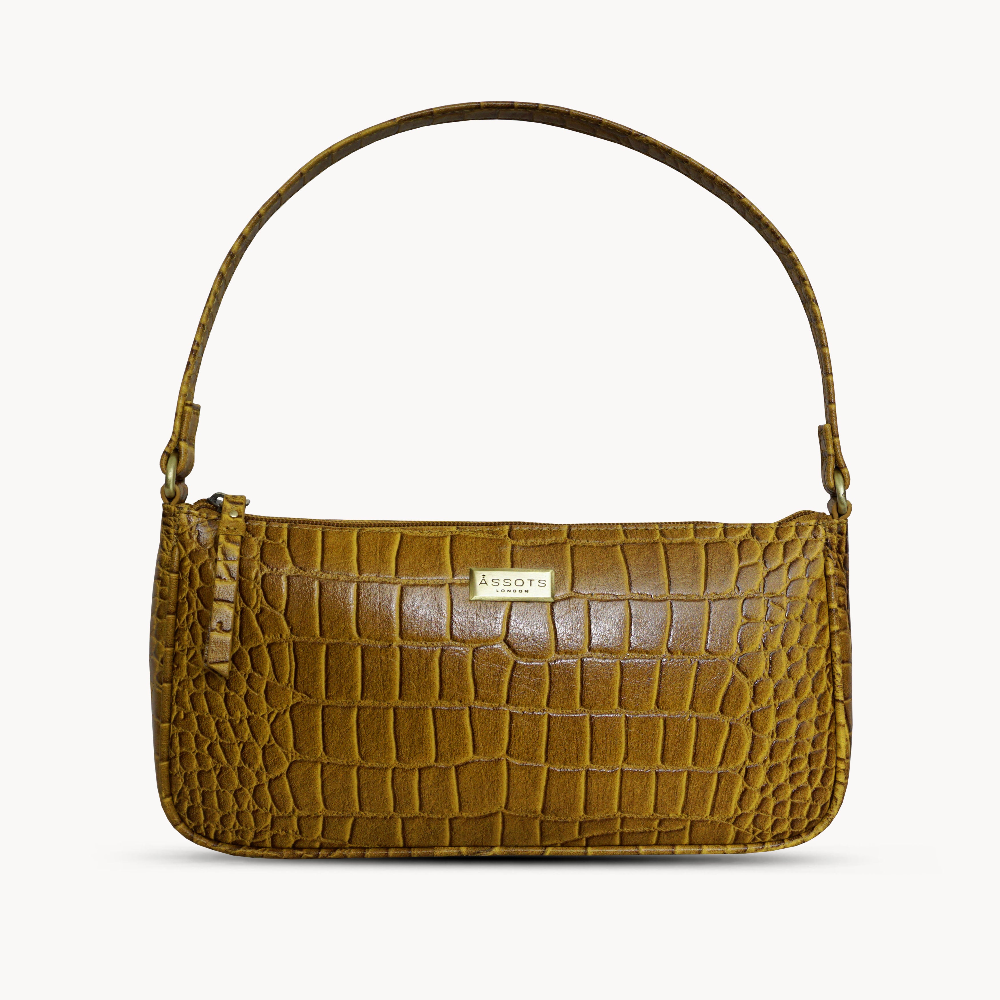 'ZARA' Dark Mustard Croc Real Leather Baguette Shoulder Bag
