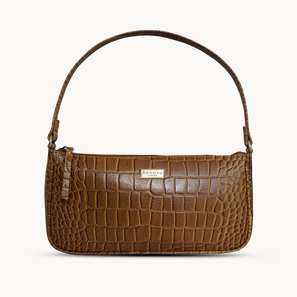 'ZARA' Mustard Croc Real Leather Baguette Shoulder Bag